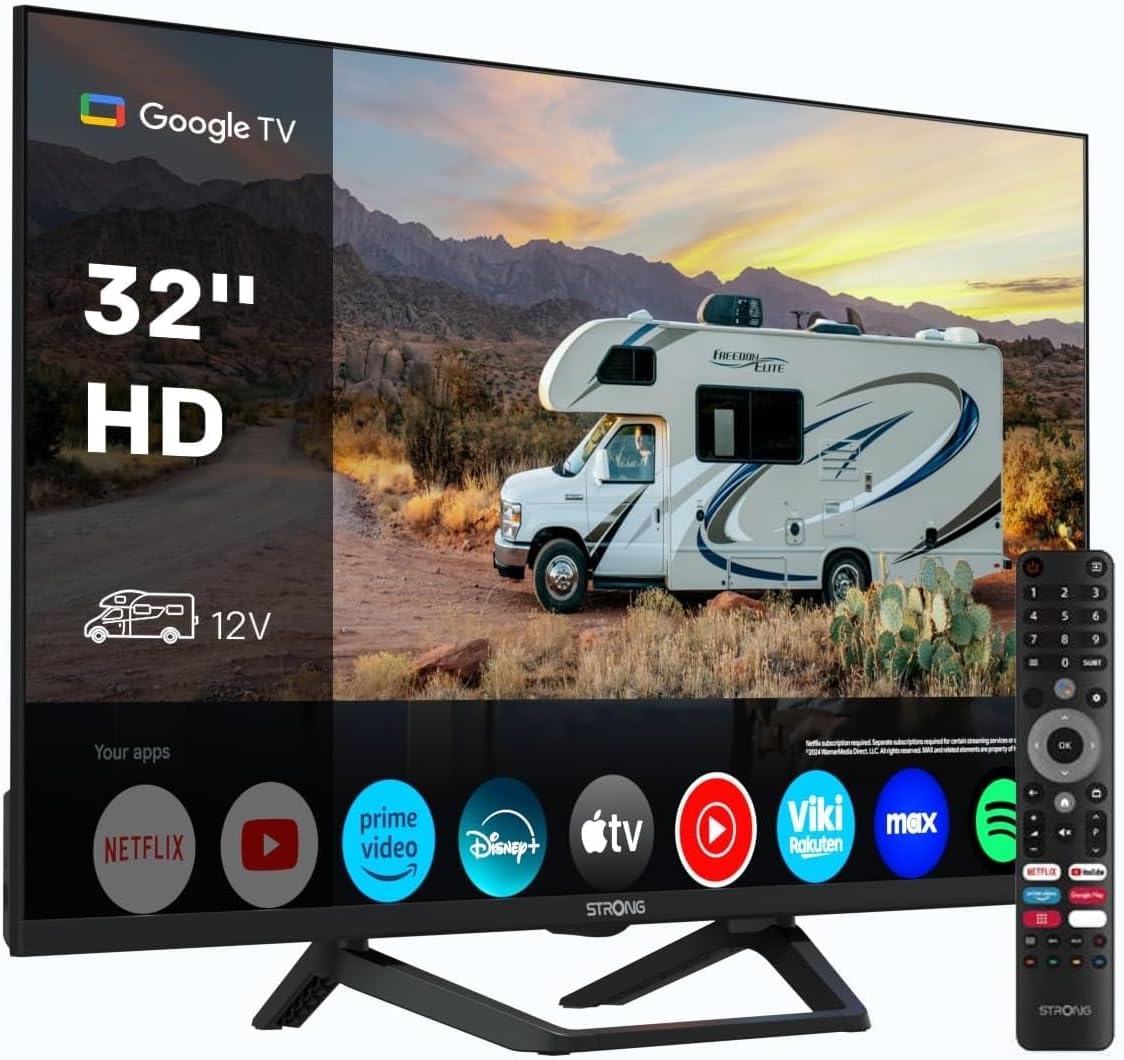 Strong SRT32HG4723C 32'' TV HD - DVB-S2/C/T2, 12V Ideal for Camper, Kitchen, Bedroom, or Boat, 2 HDMI Ports (1 ARC) + 1 USB Port + Mini-AV + Antenna/Satellite Input - Black