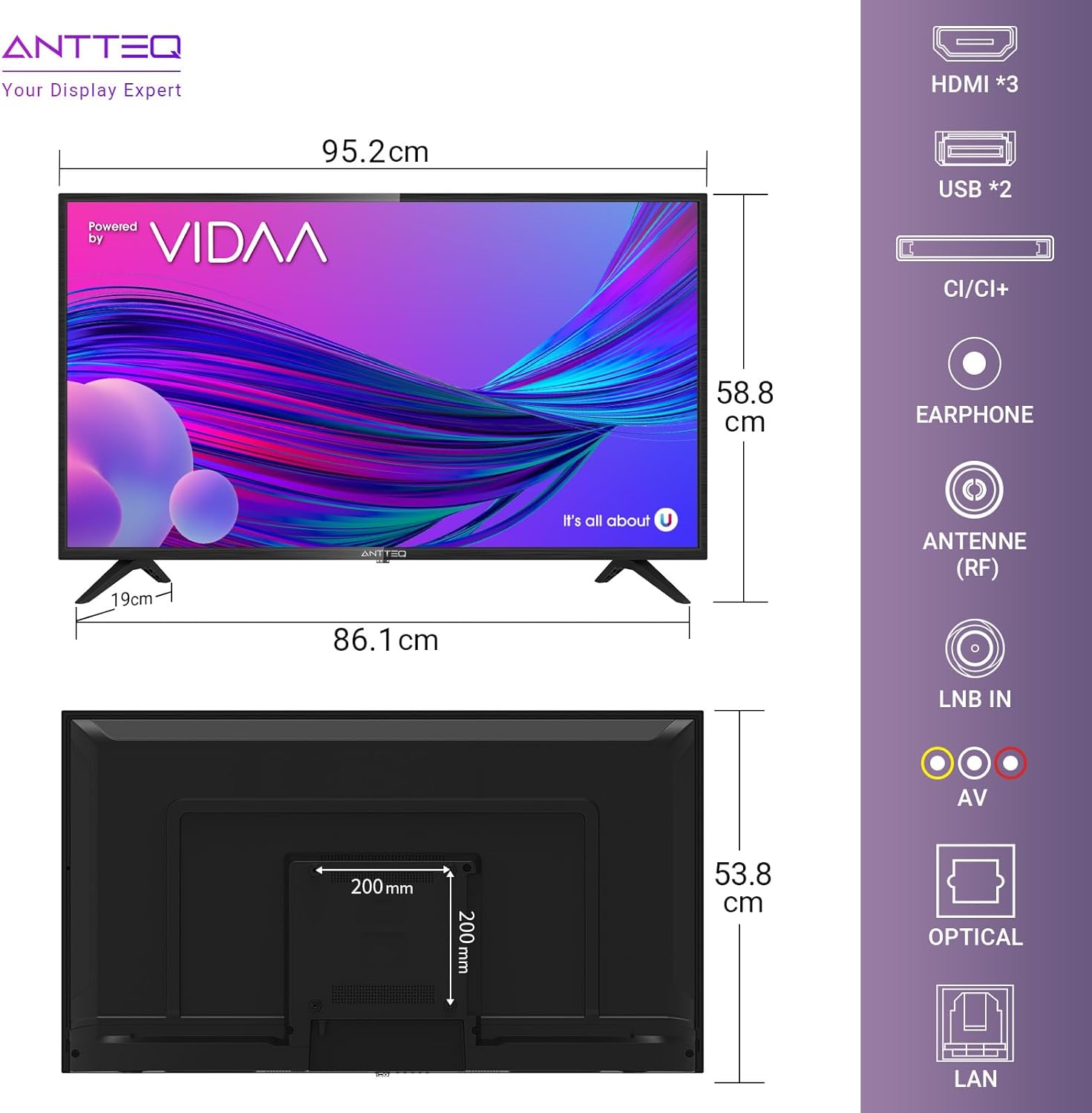 AV42F3 Smart TV 42 Inch (106 cm) TV with Prime Video, Youtube, Wi-Fi, Triple-Tuner DVB-T2 / S2 / C