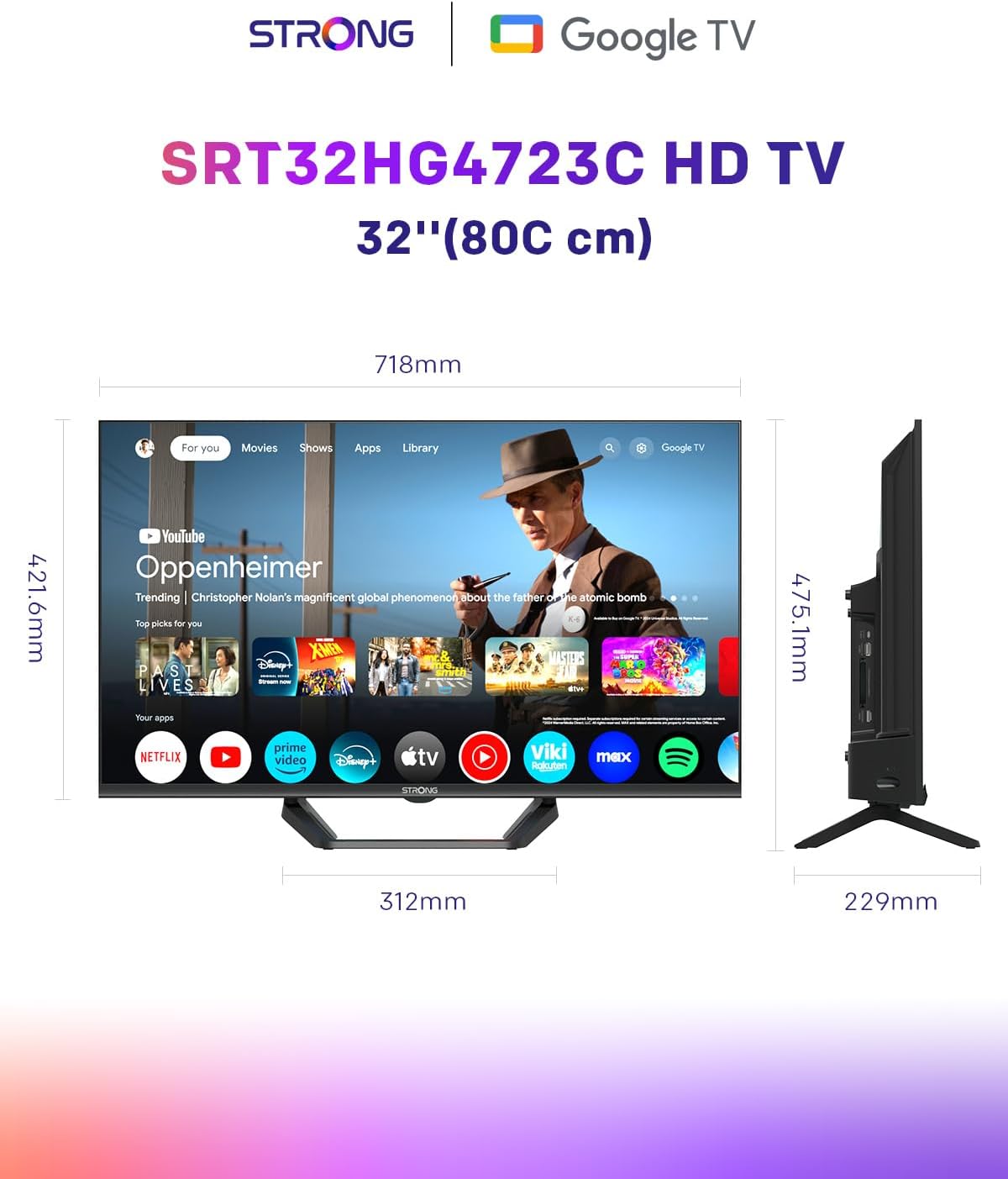 Strong SRT32HG4723C 32'' TV HD - DVB-S2/C/T2, 12V Ideal for Camper, Kitchen, Bedroom, or Boat, 2 HDMI Ports (1 ARC) + 1 USB Port + Mini-AV + Antenna/Satellite Input - Black